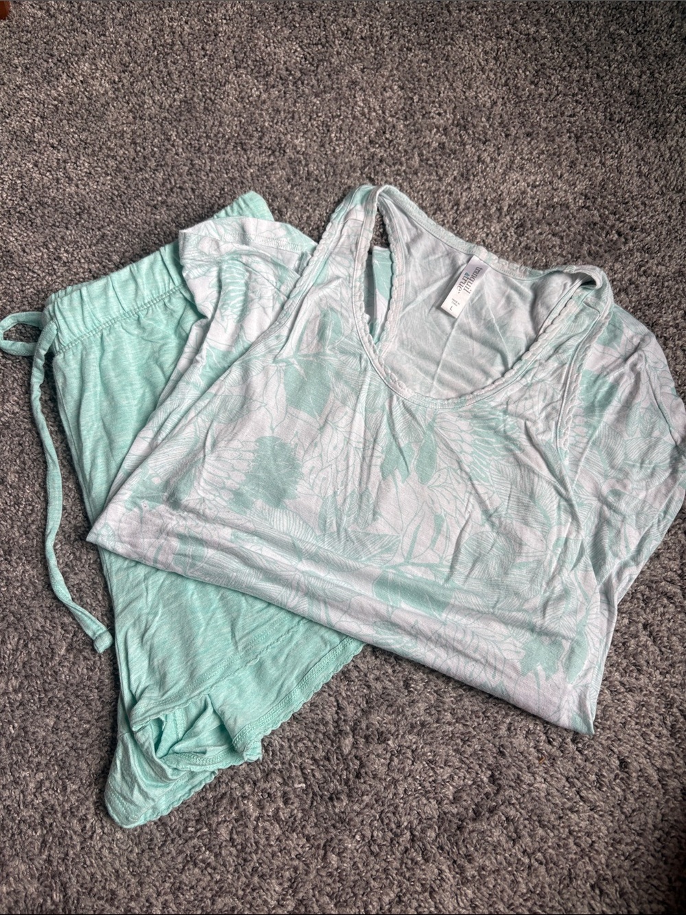 Mint Green Two-Piece Pajama Set - Floral Print Tank & Shorts